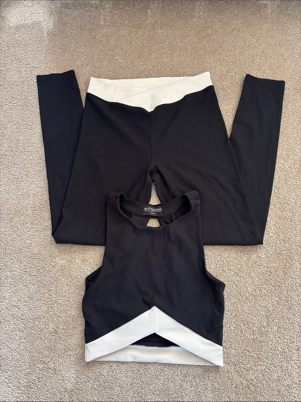 Kittenish Black & White Ribbed Leggings and Cropped Tank Set